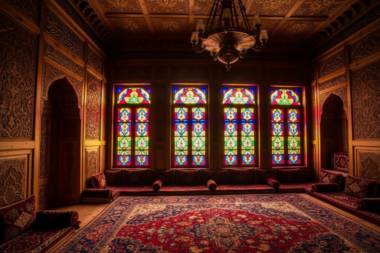 Tarihi konak sahanlık vitray restorasyonu, gül tonları